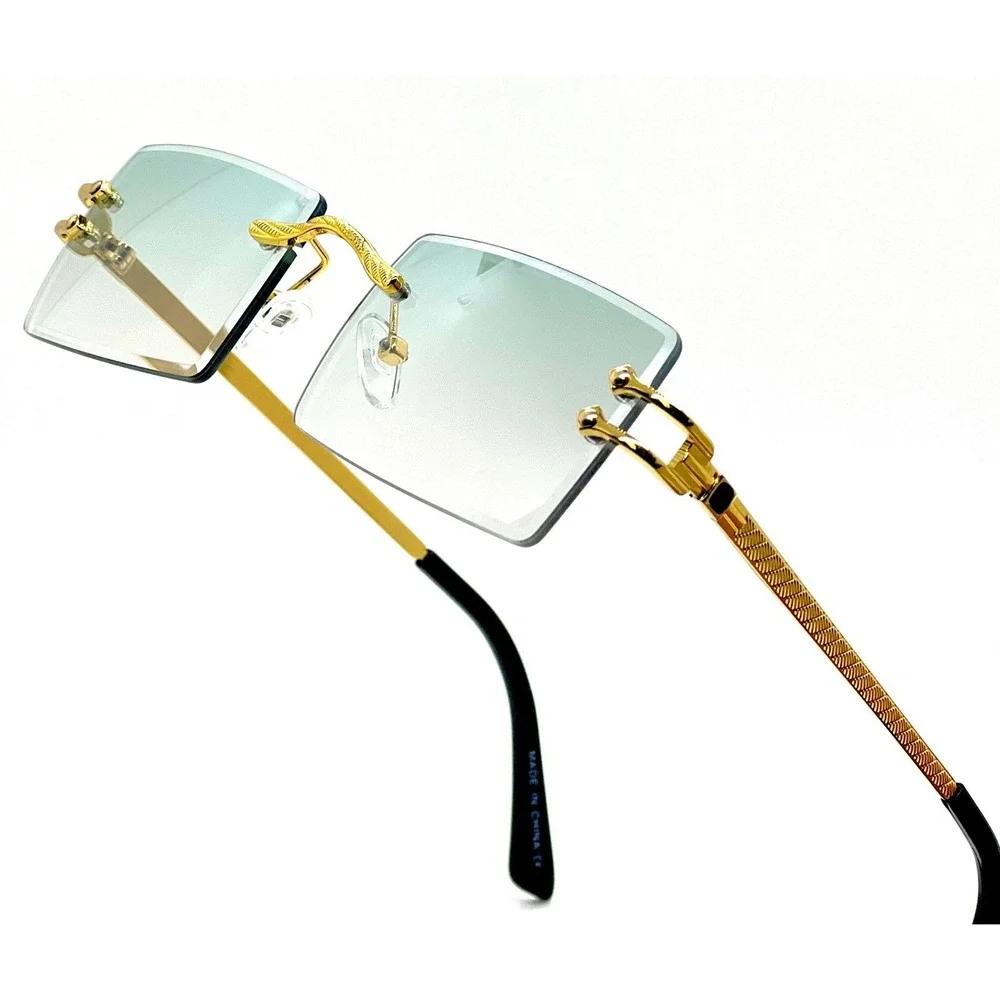 Rimless Sunglasses Green Lens Gold Accents Rectangle Fashion Shades Lentes Gafas